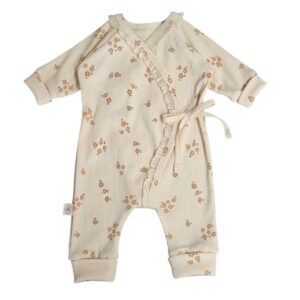 Boxpakje overslag bio tricot rib met gele bloemetjes en kant