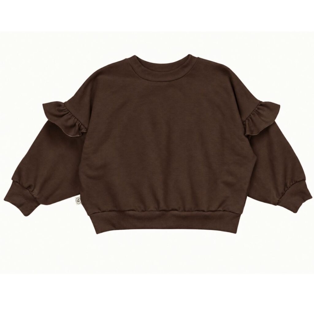 Oversized sweater donkerbruin bio met ruffles